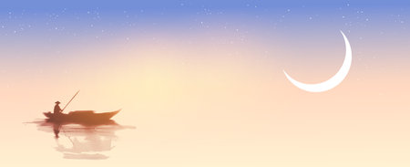 Ink painting of a lone boatman rowing under a crescent moon with a starry sky at dusk. Traditional oriental ink painting sumi-e, u-sin, go-hua.のイラスト素材