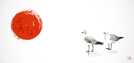 Minimalist ink painting with two seagulls and big red sun. Traditional oriental ink painting sumi-e, u-sin, go-hua. Hieroglyph - happiness.のイラスト素材