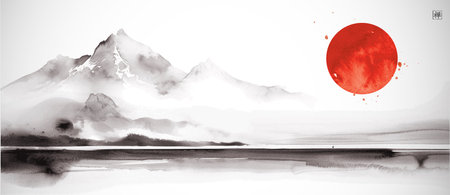 Minimalist landscape with big red sun over misty mountains. Traditional Japanese ink wash painting sumi-e. Translation of hieroglyph - zenのイラスト素材