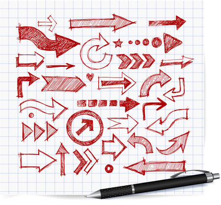 Collcetion of hand-drawn with red pen doodle sketch arrows in various styles and directions, sketched with a rough, artistic feel on lined paper backgroundのイラスト素材