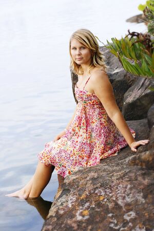 Beautiful young caucasian woman outdoorsの写真素材