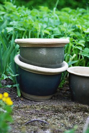 Three large earthenware pots at the edge of a garden next to some shrubs.の写真素材