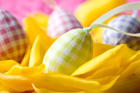 Close-up of beautiful coloured easter eggs on yellow tulip petalsの写真素材