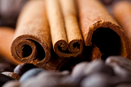 Close-up of cinnamon sticks and roasted coffee beans with shallow depth of fieldの写真素材