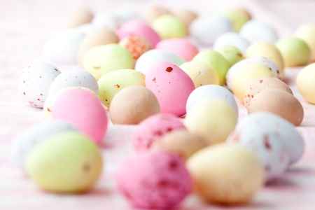 Close-up of pastel colored chocolate Easter egg candyの写真素材