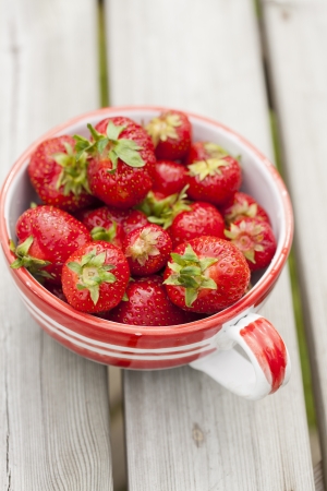 Close-up of a bowl with fresh ripe strawberriesの写真素材