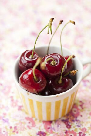 Close-up of fresh delicious and ripe cherries in a cupの写真素材