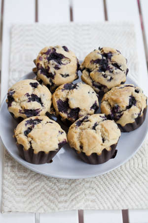 Close-up on delicious and healthy home-made blueberry muffinsの写真素材