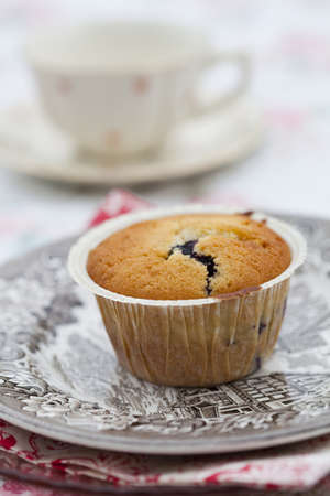 Close-up of delicious home-made blueberry muffin on a plateの写真素材