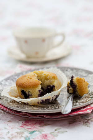 Close-up of delicious home-made blueberry muffin on a plateの写真素材