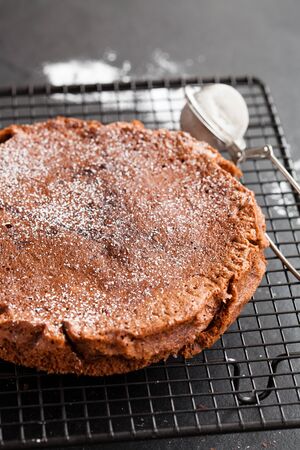 Freshly baked homemade chocolate cake on metal cooling rack with icing sugar sieve on dark backgroundの写真素材