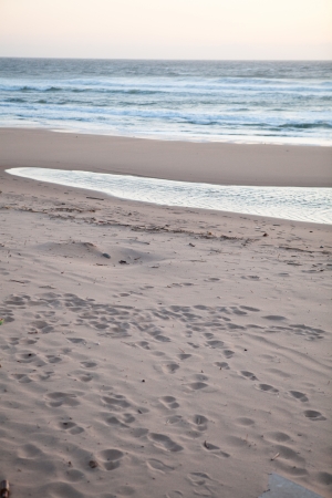 Calm and serene beach scene in late eveningの写真素材