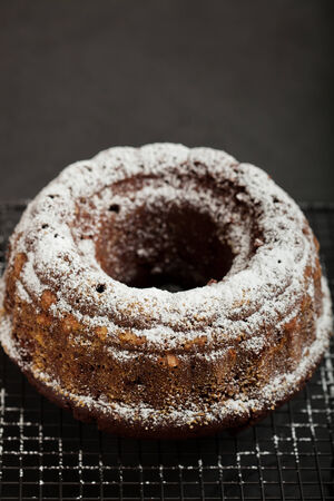 Closeup of dry chocolate cake sprinkled with icing sugar and resting on metal grillの写真素材