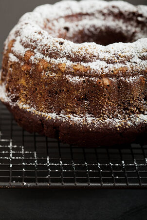 Closeup of chocolate cake sprinkled with icing sugar and resting on metal grillの写真素材