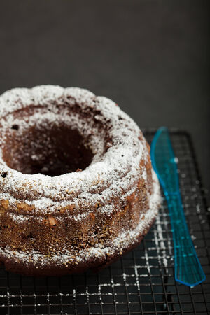 Dry chocolate cake sprinkled with icing sugar and blue plastic fork resting on metal grillの写真素材