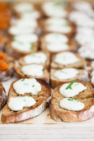 Closeup of bruschetta appetizers with mozzarella cheese pieces presented in rowsの写真素材