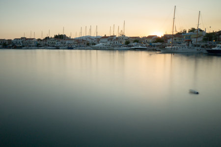 Samos island. Greece. Sea and pythagorion village background by night long exposureの写真素材