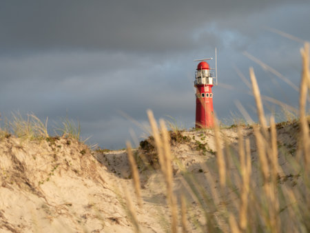 Red Lighthouse at Schiermonnikoog. Noordertoren. with beautiful scenery, lights and heavy sky in the dunesの写真素材