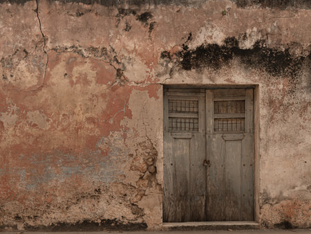 Old grunge cracked concrete wall with some stains and holes. White brown and orange collors. with old doorの写真素材