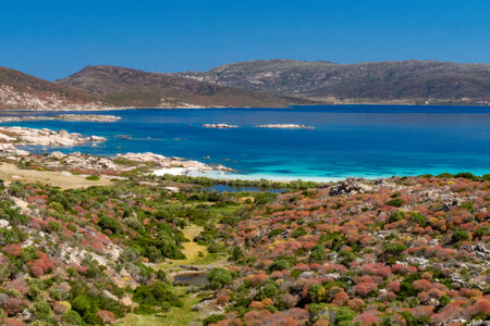 rocks in line with seaweeds in the sea, blue sky and birds in the backgroundの写真素材