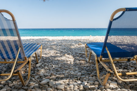 Caribbean Beach.Paradise. Vacation and Tourism concept. Sunbeds and blue seaの写真素材