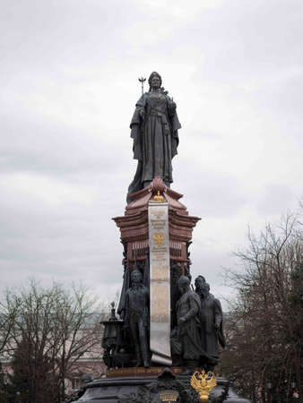 Monument to Catherine the Great II with Russian coat of arms in Krasnodar Russiaのeditorial素材