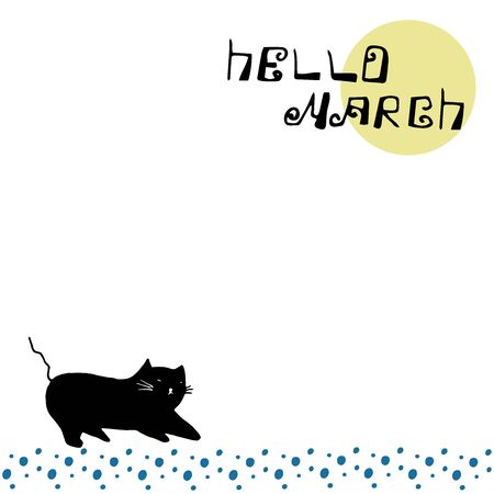Hello March hand lettering postcard with black cat.のイラスト素材