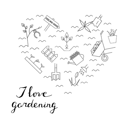 Gardening elements in the form of heart. I love gardening card. Vector line icons. Colorful spring blooming garden.のイラスト素材