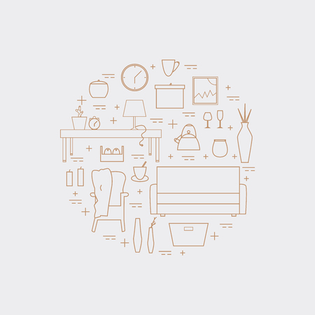 Houseware vector elements. Homewares line icon set on a white background. Interior design round concept.のイラスト素材