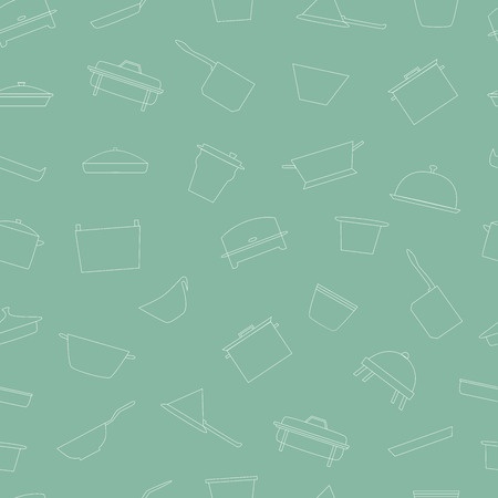 Kitchen dishes seamless pattern. Restaurant essentials line icons. Vector green background.のイラスト素材