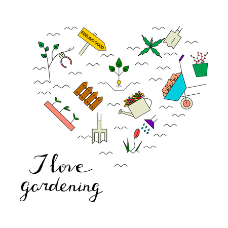 Gardening elements in the form of heart. I love gardening card. Vector line icons. Colorful spring blooming garden.のイラスト素材