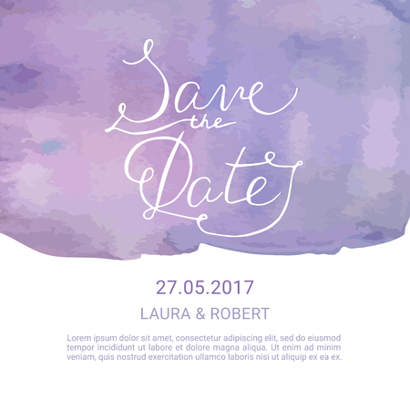 Save the Date card with hand drawn lettering and watercolor splash. Wedding invitation vector template. Blue, pink, white.のイラスト素材