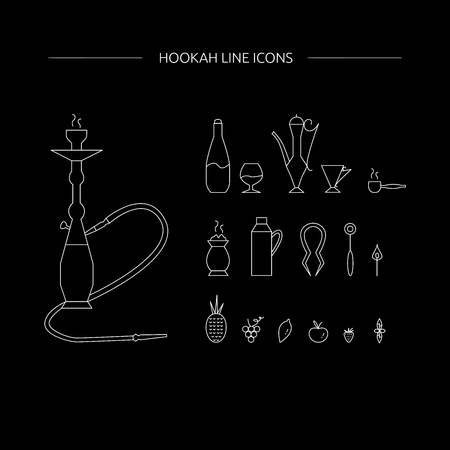 Hookah accessories line icon set. Hookah lounge supplies. Vector illustration on a black background.のイラスト素材