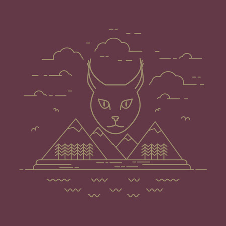 Lynx with landscape line vector illustration. Wildlife symbol. Line art. Wild animal logo.のイラスト素材