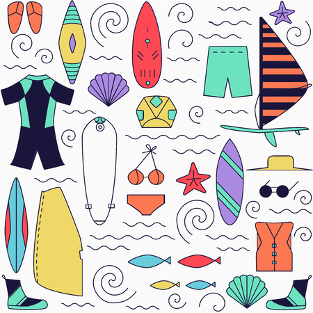 Windsurfing line icons. Vector Summer Surf background.のイラスト素材