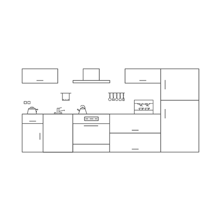 Kitchen interior in high-tech style. Interior design concept. Line vector illustration with kitchen set, oven, refrigerator, kettle, toaster, coffee machine.のイラスト素材