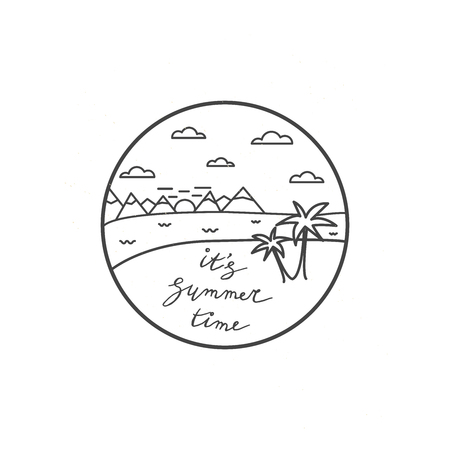 Summer vector illustration with palm, sea, sunshine, clouds and hand drawn lettering. Line art.のイラスト素材