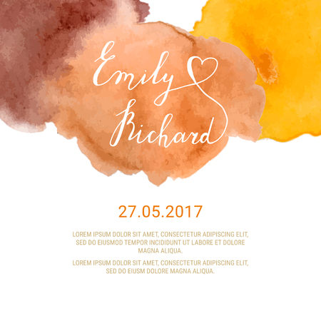 Save the Date card with hand drawn lettering and watercolor splash. Wedding invitation vector template. Blue, pink, white.のイラスト素材