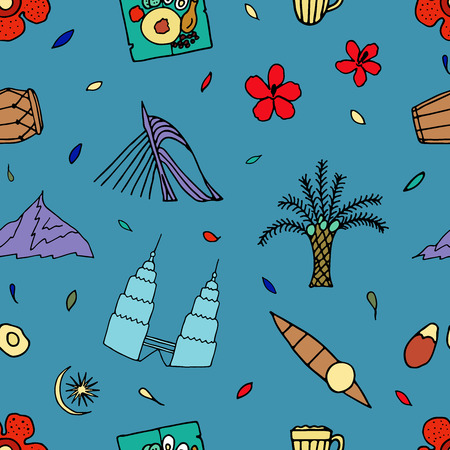 Malaysia culture seamless pattern. Hand drawn symbols of Malaysia. Colorful vector illustartion.のイラスト素材
