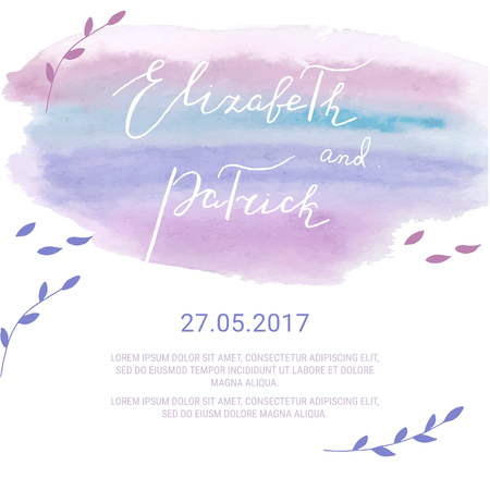 Save the Date card with hand drawn lettering and watercolor splash. Wedding invitation vector template.のイラスト素材