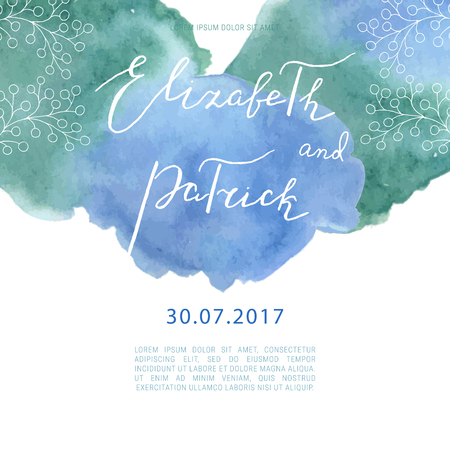 Save the Date card with hand drawn lettering and watercolor splashes. Wedding invitation vector template.のイラスト素材
