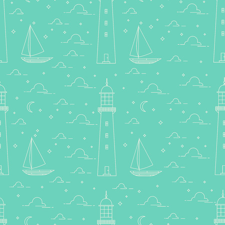 Flat line landscape seamless pattern including lighthouse, sea, sailboat, moonlight night. Green color.のイラスト素材