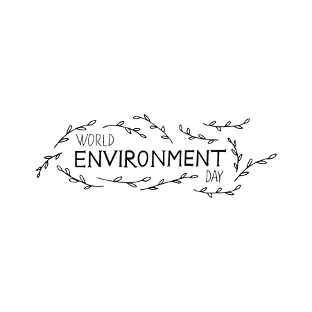 World Environment Day hand lettering with leaves. Vector hand drawn illustration. White and black.のイラスト素材