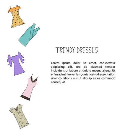 Hand drawn trendy dresses design concept. Fashion dresses with strip, bandage, polka dot, cold shoulder, embroidery, lace. Summer 2017. Vector illustration.のイラスト素材
