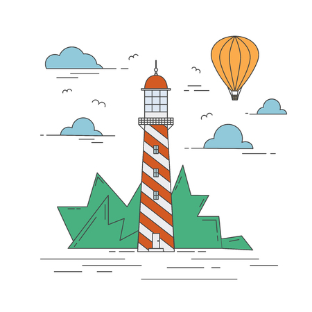 Flat line vector illustration. Lighthouse, landscape, balloon sky.のイラスト素材
