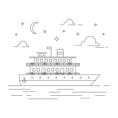 Flat line vector sea landscape illustration. Cruise ship water transport.のイラスト素材