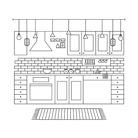 Design Concept of Minimalist Modern Kitchen Set. Line Vector Illustration.のイラスト素材