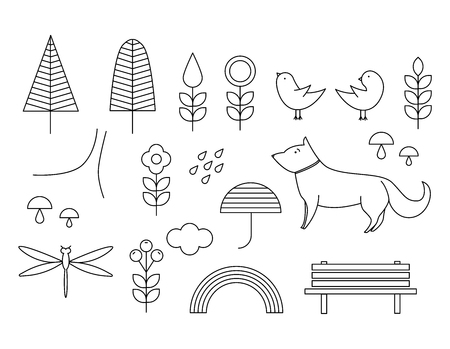 Walking on the open air. Line elements in Scandinavian style. Forest, park, trees, dog, birds, flowers, mushrooms, bench, clouds, umbrella, dragonfly. のイラスト素材