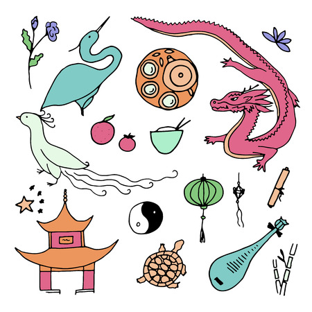 Culture of China icons. Hand drawn Chinese symbols. Vector illustration.のイラスト素材