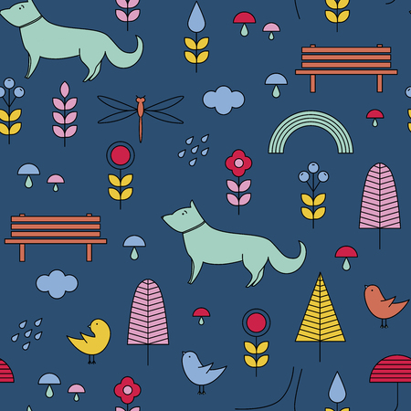 Seamless pattern in Scandinavian style. Walking on the open air. Forest, park, trees, dog, birds, flowers, mushrooms, bench, clouds, umbrella, dragonfly.のイラスト素材